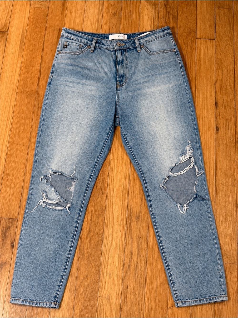 KanCan Distressed High Rise Mom Jeans | Light Wash | Ripped Knee Denim